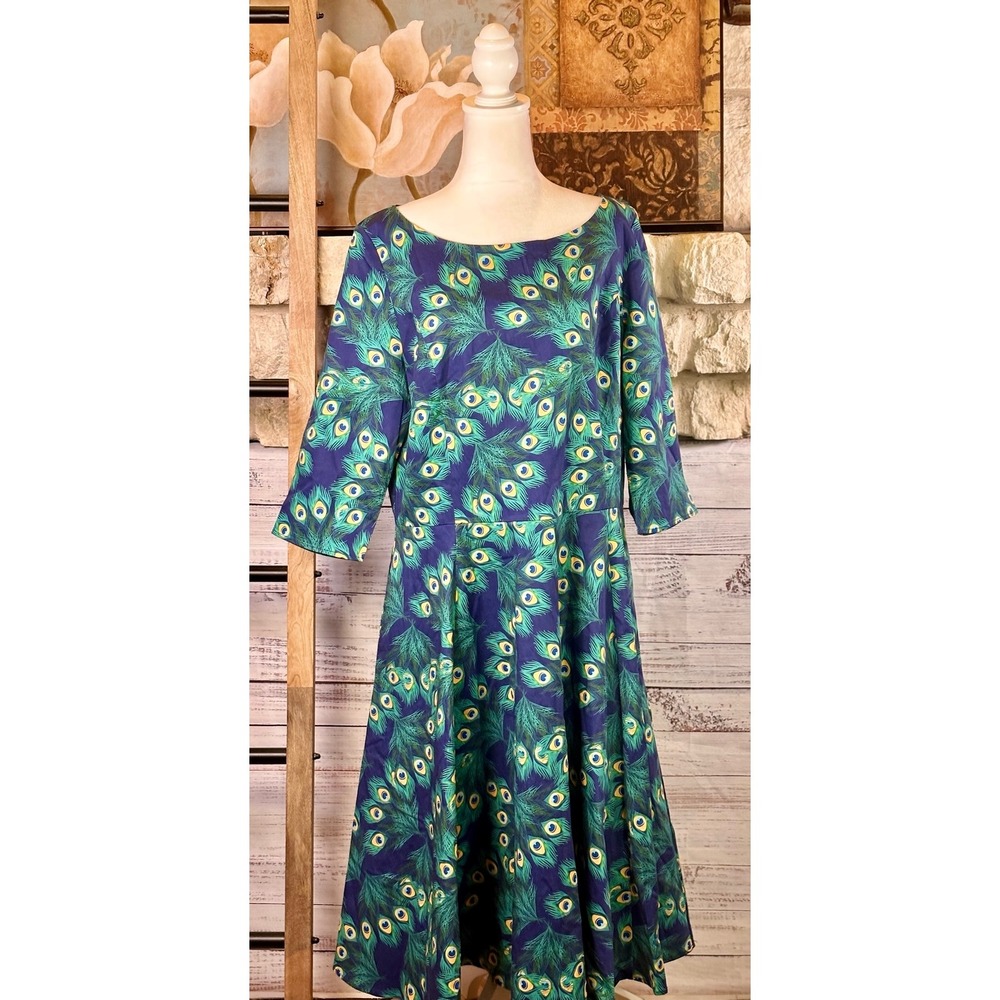 TopVintage Boutique Peacock Feather Print Swing Dress Green Blue 3XL Pockets - Picture 3 of 14